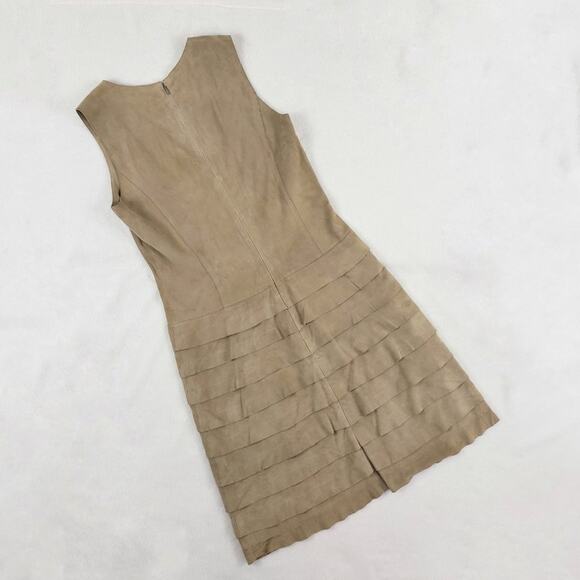Etcetera Suede Dress Women 2 Tan Leather Ruffled Sleeveless Lined Sheath - Picture 3 of 7